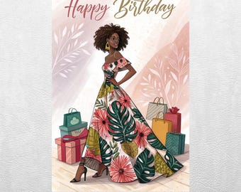 Fashion Girl Birthday Card for Her, Black Woman Illustration, Floral Dress, Digital Download