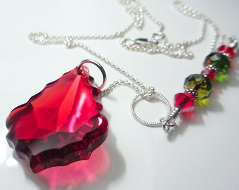 LARGE Swarovski Red Baroque Necklace Dark Ruby Red Crystal Baroque Briolette Rare Crystal Pendant  Red Necklace Gift for her July Birthstone