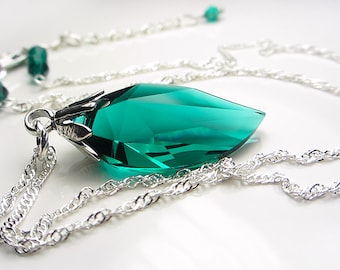 Swarovski Emerald Green Necklace Emerald Green Leaf Necklace Emerald Pendant Emerald Crystal Necklace Gift for her May Birthstone