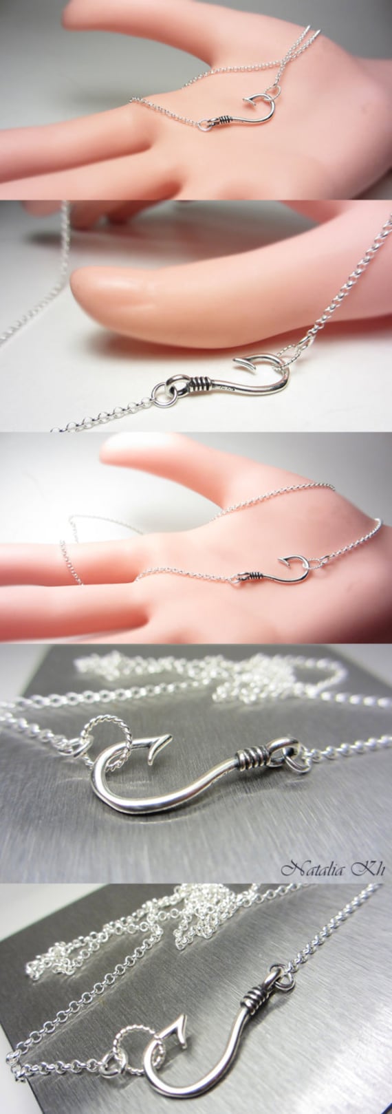 925 Sterling Silver Fish Hook Necklace Silver Hook Pendant