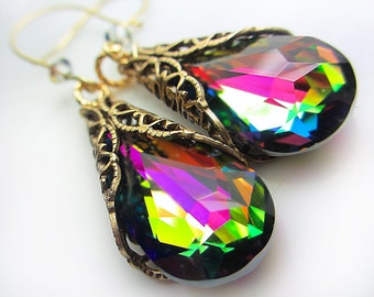 Swarovski Pink Green Earrings Olive Vitrail Crystal Earrings Blue Purple Fuchsia Crystal Emerald Aurora Borealis Antique Gold Filigree