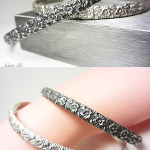 925 Sterling Silver Cuff Bracelet Stackable Bracelet Flower Bracelet Floral Pattern Bracelet Botanical Bangle Bracelet Oxidized Bracelet image 5