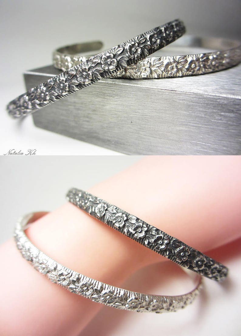 925 Sterling Silver Cuff Bracelet Stackable Bracelet Flower Bracelet Floral Pattern Bracelet Botanical Bangle Bracelet Oxidized Bracelet image 5