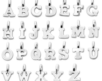 May include: A collection of silver alphabet charms, each with a loop for attaching to a necklace or bracelet. The letters A through Z are displayed, showcasing a variety of fonts and styles.