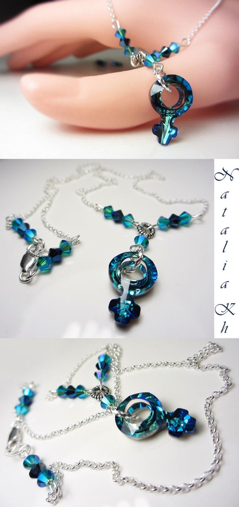 May include: A silver chain necklace with a blue crystal pendant shaped like the female symbol. The crystal is iridescent and has a gradient of blue shades.