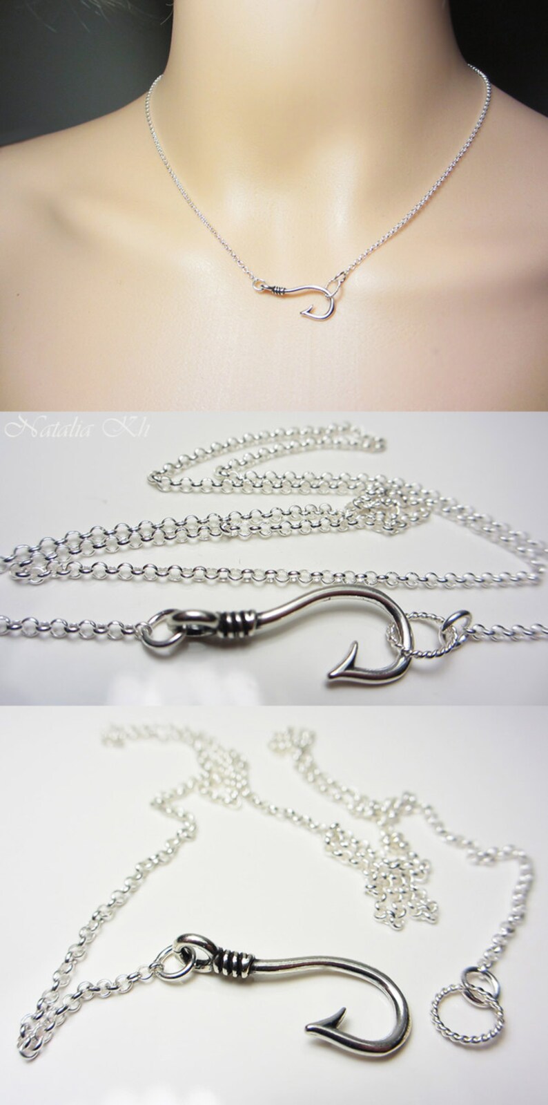 925 Sterling Silver Fish Hook Necklace Silver Hook Pendant Etsy