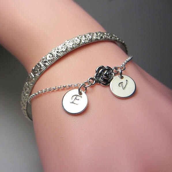 925 Sterling Silver Rose Bracelet Initial Bracelet Silver