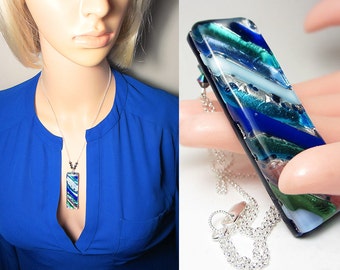 Artisan Murano Glass Necklace Murano Aqua Necklace Authentic Venetian Glass Aqua Stripes Millefiori Necklace Blue LARGE Pendant Gift for Her