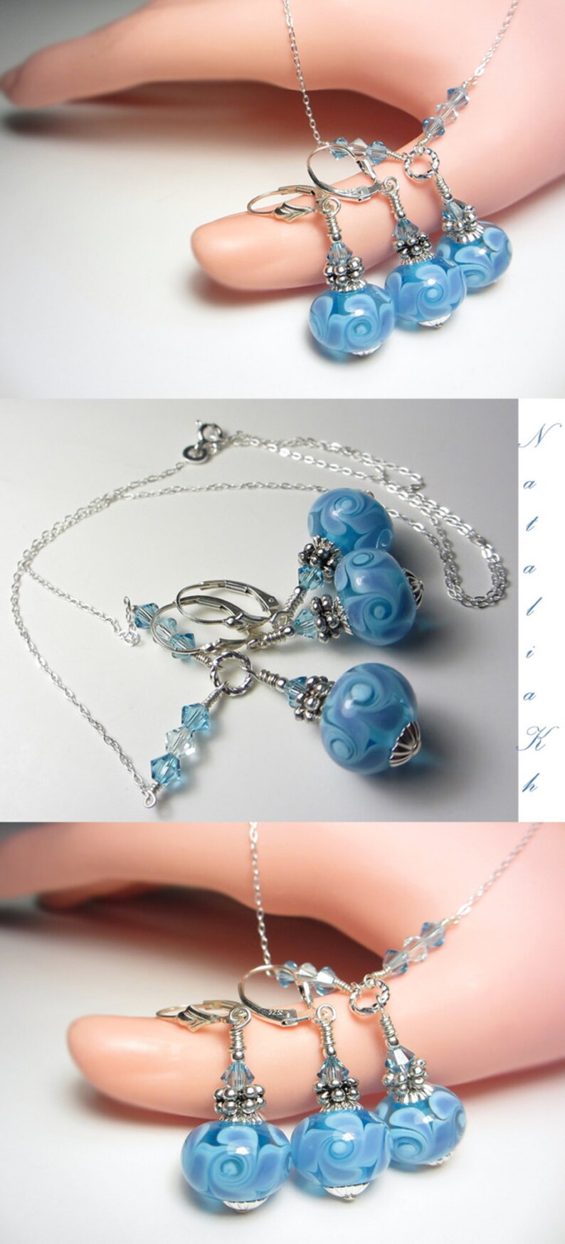 May include: A silver necklace and earrings set featuring light blue glass beads with a swirling pattern. The earrings have lever-back closures and are accented with small blue crystals. The jewelry is displayed on a light background.