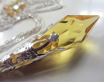 Collar de cristal de topacio claro de Swarovski Collar de cristal de Swarovski amarillo dorado en plata de ley Collar de citrino con forma de carámbano
