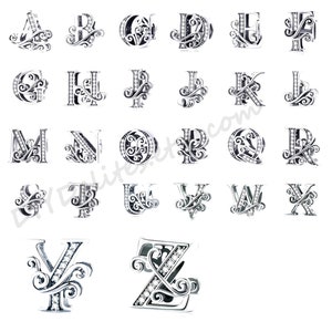 May include: A set of 26 silver charms, each featuring a different letter of the alphabet in a decorative, ornate style. The letters are embellished with sparkling rhinestones.