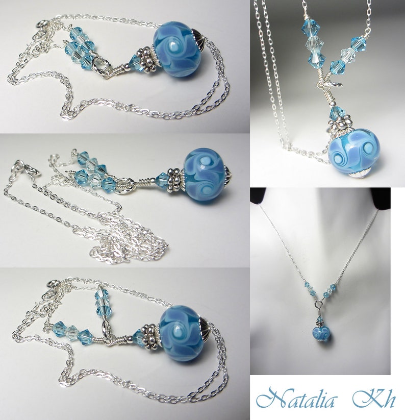 May include: A silver necklace featuring a large, round, light blue glass bead with a swirling design. The bead is connected to the chain with smaller blue crystal accents. The necklace is displayed in multiple views.