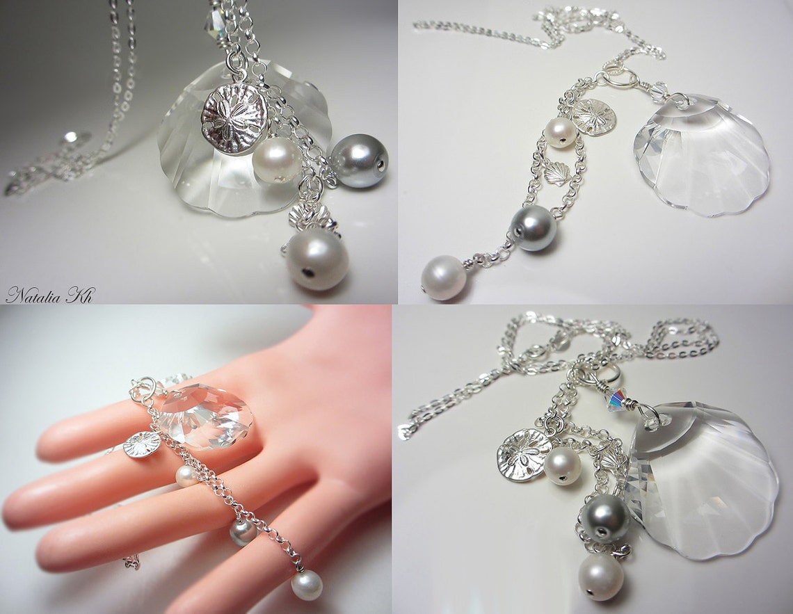 LARGE Swarovski Crystal Clear Shell Necklace Sterling Silver Sand ...
