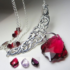 Swarovski Ruby Red Crystal Necklace Amethyst Necklace Sterling Silver Filigree Pendant Crystal Pendant Victorian Style Necklace Gift for Her
