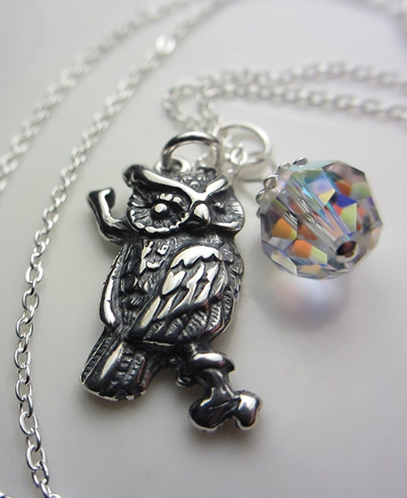 925 Sterling Silver Owl Necklace Owl Jewelry Swarovski Aurora Borealis Crystal AB Necklace Wisdom Bird Necklace Owl Pendant Bird Pendant