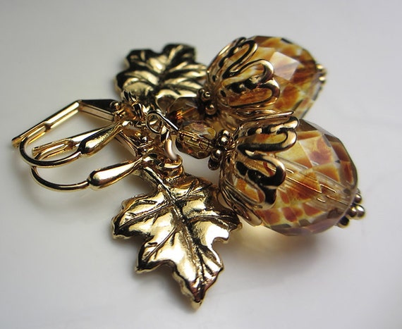 Golden Amber Antique Gold Earrings Antique Gold Leaf Czech Glass Brown Yellow Red Orange Earrings Filigree Champagne Earrings  Gift for her