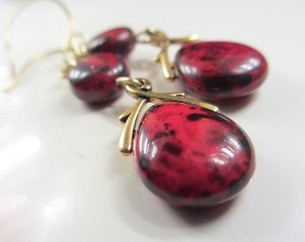Czech Glass Drop Earrings Red Stone Glass Earrings Picasso Red Earrings Antique Gold Red Earrings Czech Glass Drops Red Dangle Earrings