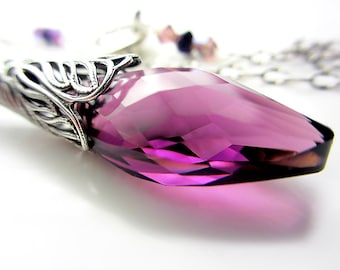 LARGE Swarovski Amethyst Crystal Necklace Antique Silver Necklace Victorian Style Purple Necklace Violet Amethyst Gift for her