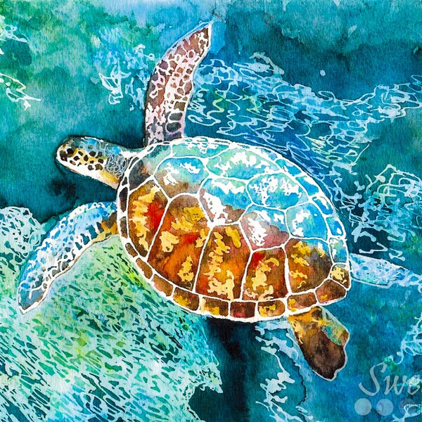 Sea Turtle Wall Art, Hawaiian Sea Turtle Watercolor Painting, Coastal Decor, Tropical Art, Beach Art Print, Fine Art Giclee Print Animal Art