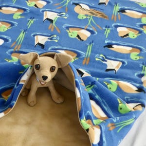 Fleece Pet Snuggle Sack for dog, puppy, kitty cat 29x22&quot; Burrow Bed, Sleeping Bag, Pet Bed. Happy paddling mallard ducks