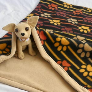 Fleece Pet Snuggle Sack for dog, puppy, kitty cat 28x24&quot; Burrow Bed, Sleeping Bag, Pet Bed. Earth tone paw prints and stripes