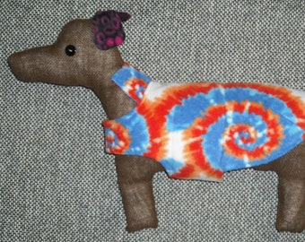 Reversible double fleece dog coat, sweater. (9-13 lb. 18" girth) Tie dye and orange. Dachshund, Chiweenie, Lhasa Apso, Terrier, Doxie