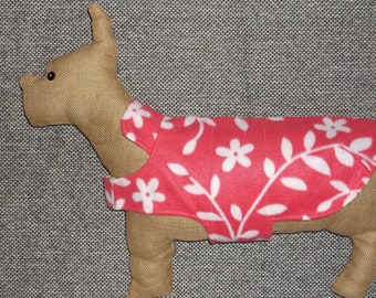 Reversible fleece and cotton dog coat, sweater. Medium (20-25 lbs. girth 22") Spring blossoms in pink with green. Terrier, Beagle, Basenji