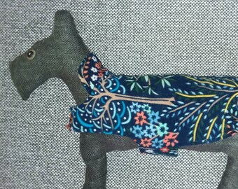 Reversible double fleece dog coat, sweater. Small (16-20 lbs. 20" girth) Whimsical, magical garden and blue. JRT, Boston Terrier, Lhasa