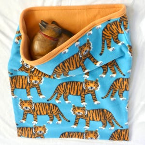 Fleece Pet Snuggle Sack for kitty cats and kittens 26.5x23&quot; Burrow Bed, Sleeping Bag, Pet Bed. Tigers on blue