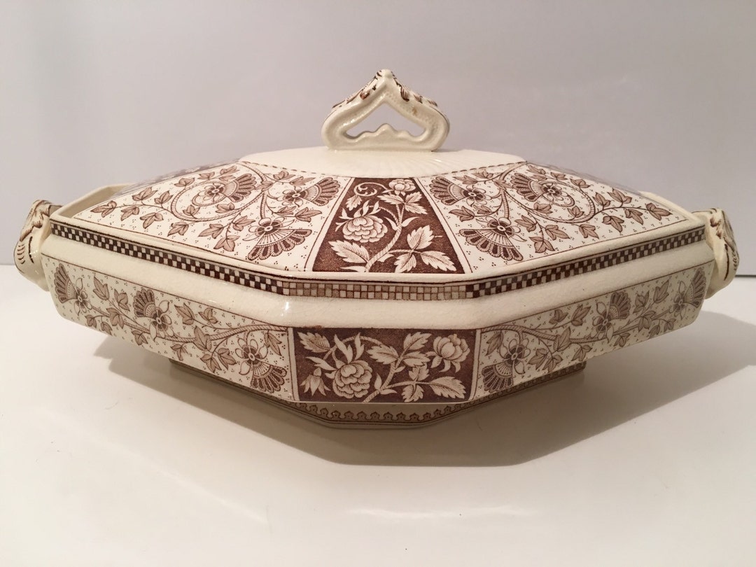 Antique Porcelain Covered Bowl Tureen Large Brown and White Leaf Vine