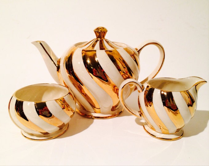 Vintage Sadler Mini Teapot England Ivory/gold 3 Piece With Etsy