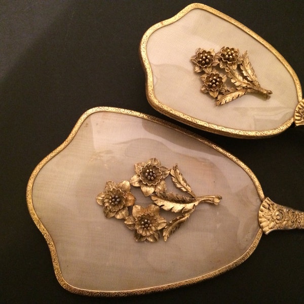 Vintage Hand Held Mirror and Brush Set/ Raised Daffodil Motif