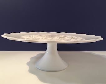 Fenton Spanish Lace  Scalloped Edge Pedestal Cake Stand/ Plate  White Milk Glass 1950s Item#SP2611