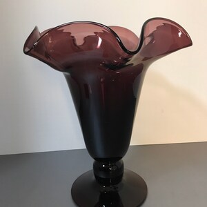 Vintage Amethyst Purple Vase Large Ruffle Art Glass Hand Blown