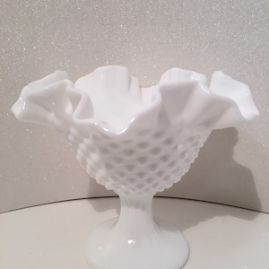 Fenton Vintage Hobnail Ruffled Tall Ribbed Pedestal Bowl Cottage Chic