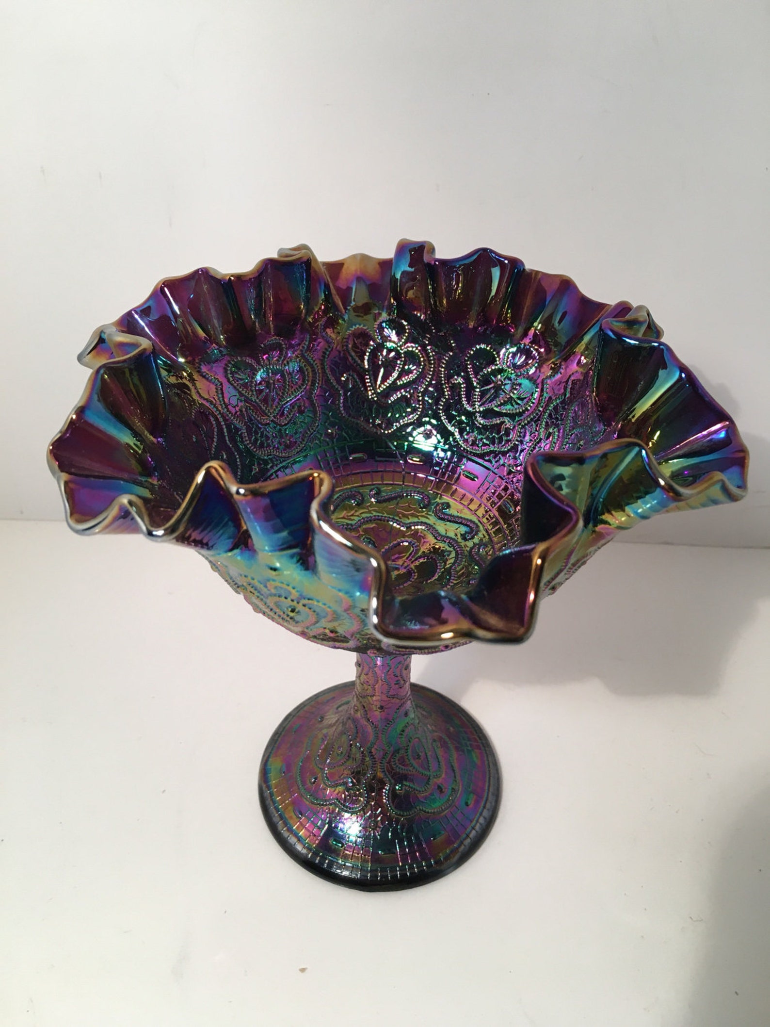 Fenton Blue Iridescent Carnival Glass Pedestal Bowl Vintage Etsy