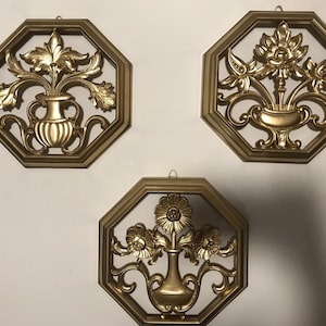Syroco Mid Century Modern Floral 1960s Wall hangings 3 pc Set Octagon Hand Painted Gold
