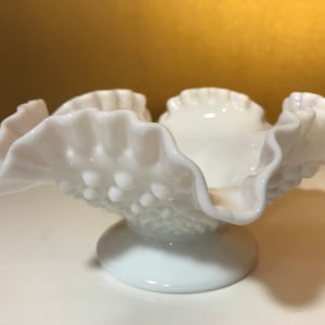 White Milk Glass by Fenton Vintage Hobnail Bowl Ruffled Edge Pedestal Cottage Chic Centerpiece