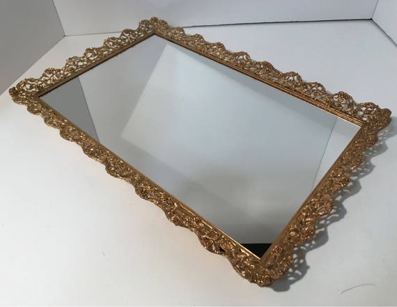Vintage Heavy Filigree Gold Roses Mirror Perfume Tray Filigree Gold Roses Mirror Perfume Tray, Large Geometric Mirrored Vanity Tray Gold