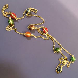 Vintage Extra Long 22&quot; Gold Chain Necklace Large Enameled Gold dotted Beads