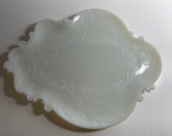 Antique Victorian Off White Glass  Dish Tray Scalloped Swirl Motif Soap Dish