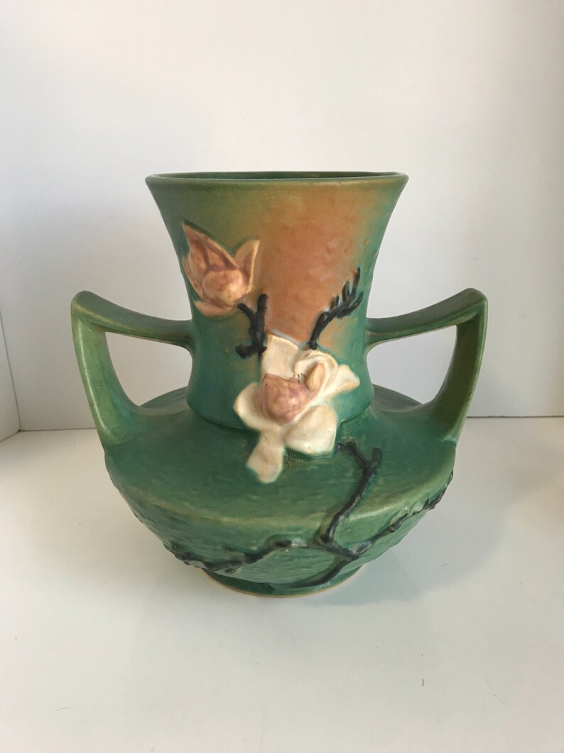 Roseville Pottery Vase 2 Handle Magnolia Greenish Blue Etsy