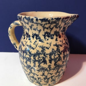 Antique Sponge Ware Blue and Cream Small Pitcher by  Robinson Ransbottom