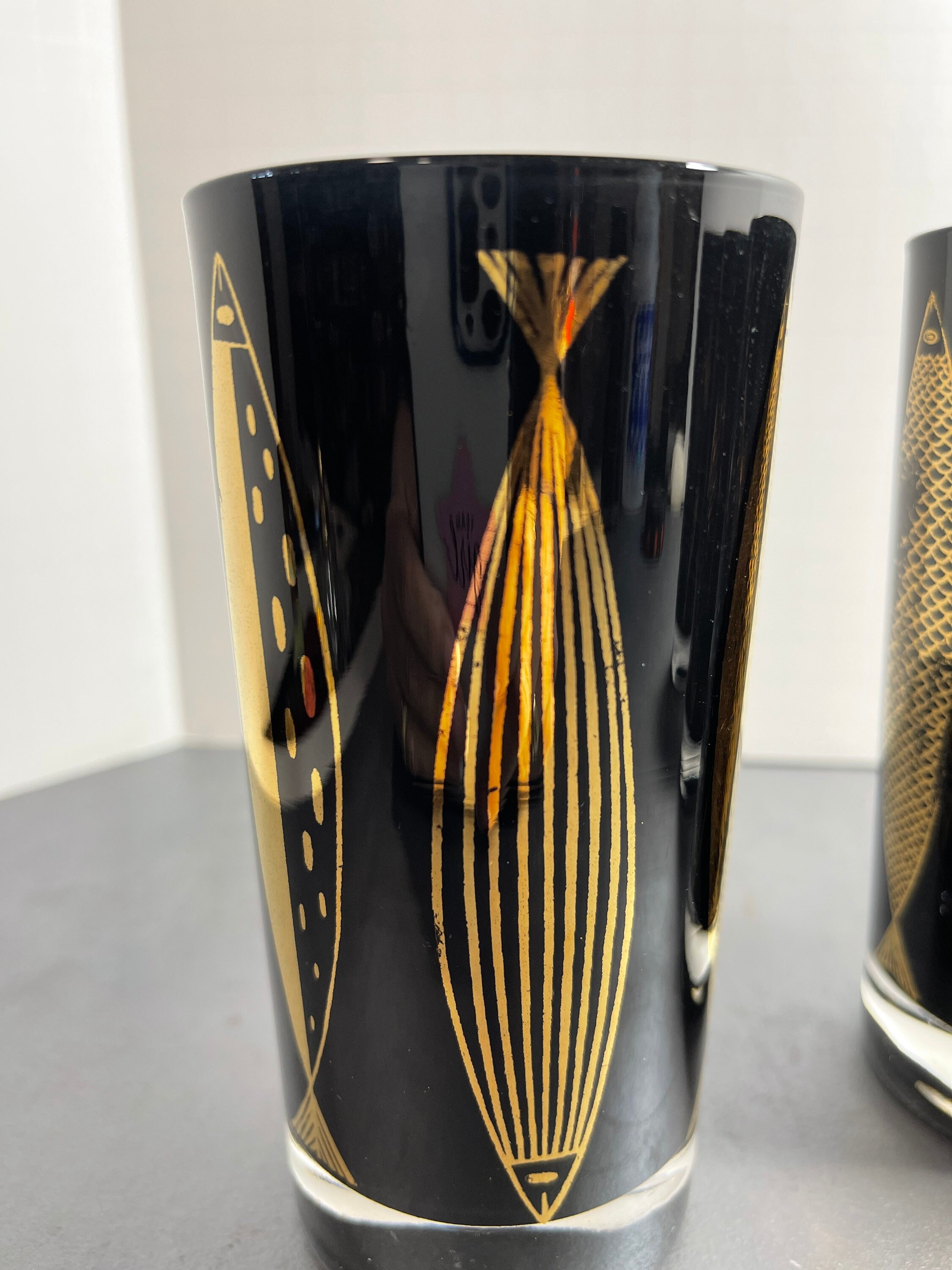 Fred Press Glassフレッドプレス ガラス トレイ 皿 トレイ Vintage Signed Fred Press Gold Seahorse Collins Glasses Set