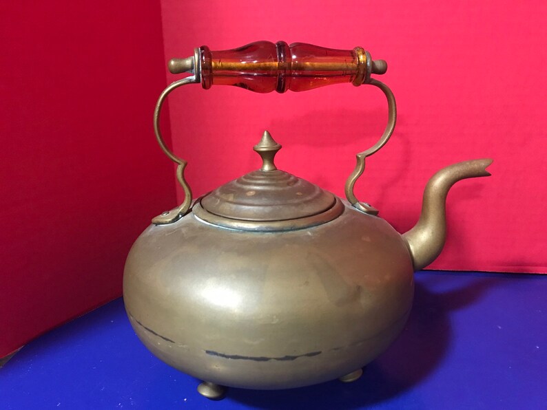 Antique Brass Kettle / Teapot Glass Handle Victorian Etsy UK