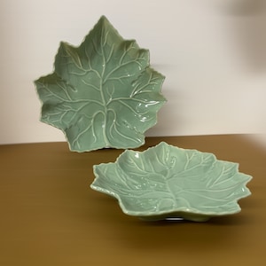 Puede incluir: Dos platos de cerámica con forma de hoja de color verde claro. Los platos tienen vetas detalladas y un acabado brillante. Un plato es más grande y está colocado detrás de un plato más pequeño. Los platos están sobre una superficie marrón.
