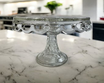 Vintage McKee Clear Glass Cake Stand: Thumbprint Pattern, Syrup Well