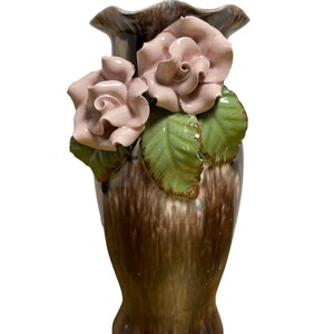 Vintage Small Brown drip Pottery Vase with 2 Pink Flowers