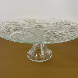 Vintage Cake Stand Pedestal Clear Glass Grape Leaf Design By LE Smith #1644