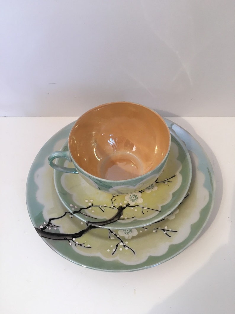 Lusterware Japan Dogwood 3pc Set Cup Saucer /& Dessert Plate Vintage 1940s Collectable